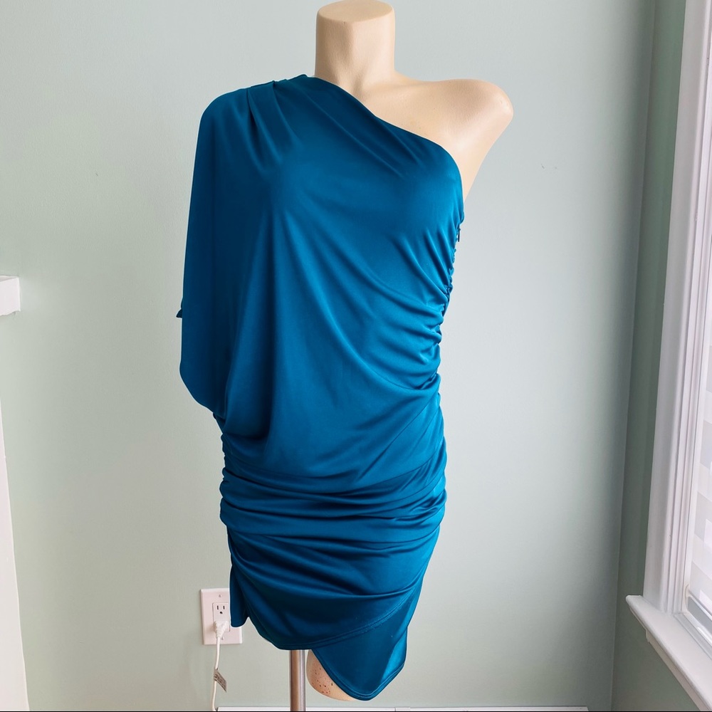 One shoulder Mini Asymmetrical Turquoise ( Teal Blue)Metallic Formal Party Dress